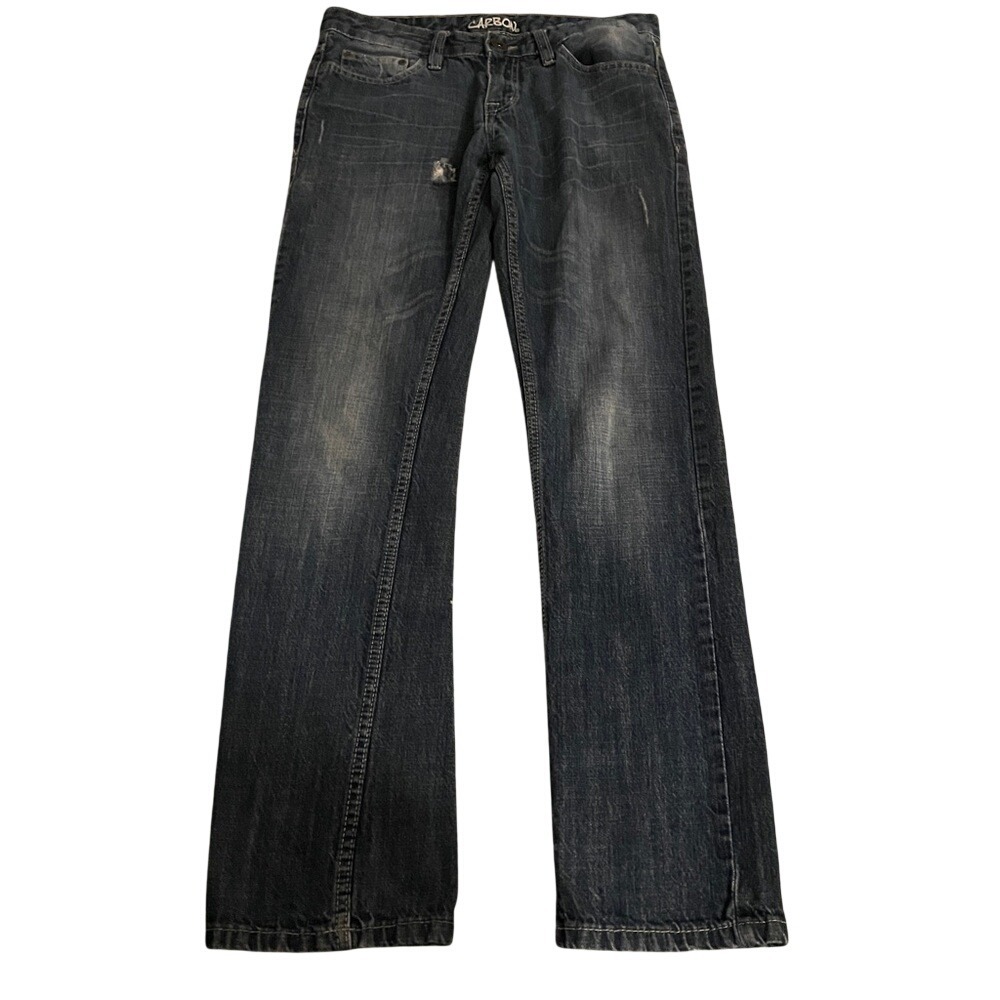 Carbon Mens Dark Wash Straight Leg Distressed Jeans 28x32 Embroidered Pockets